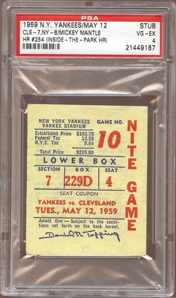 1959 New York Yankees Ticket Stub Mickey Mantle Inside-the-Park Home Run PSA 4 VG/EX