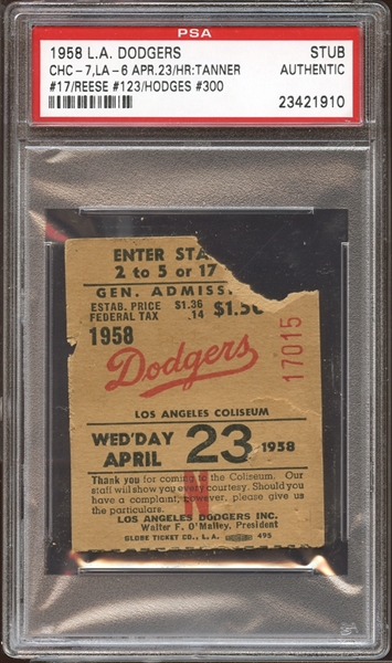 1958 Los Angeles Dodgers Ticket Stub Gil Hodges 300th Home Run PSA AUTHENTIC