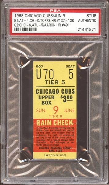1968 Chicago Cubs Ticket Stub Hank Aaron Home Run #491 PSA AUTHENTIC