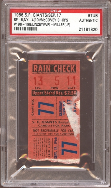 1966 San Francisco Giants Ticket Stub Willie McCovey 3 Home Runs PSA AUTHENTIC