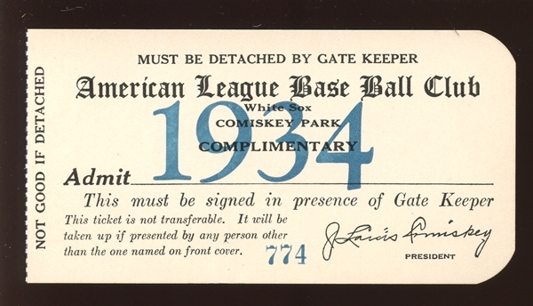 1934 Chicago White Sox Comiskey Park Complimentary Pass