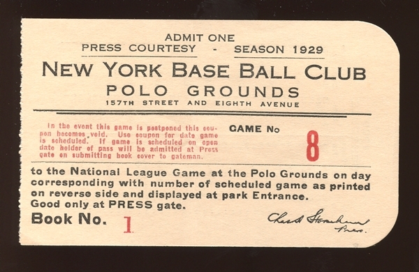 1929 New York Giants Polo Grounds Game 8 Press Pass