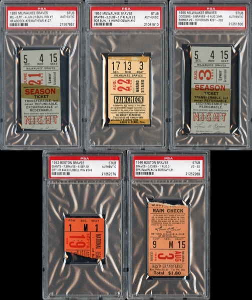 1940s-1950s Boston/Milwaukee Braves Prominent Ticket Stub Collection of (5)