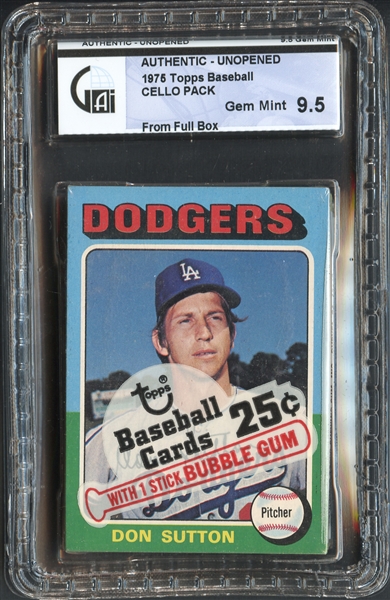 1975 Topps Baseball Unopened Cello Pack from Full Box Sutton Front GAI 9.5