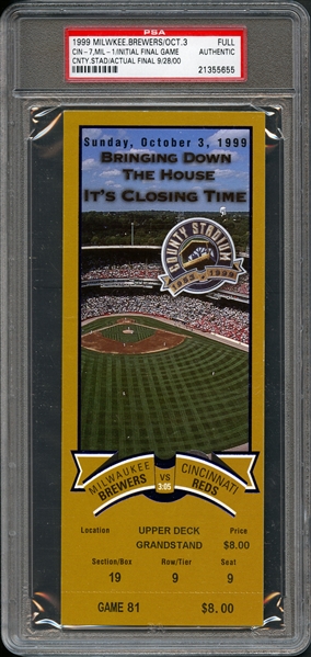 1999 Oct 3 Brewers Initial Final Game Full Ticket PSA Authentic