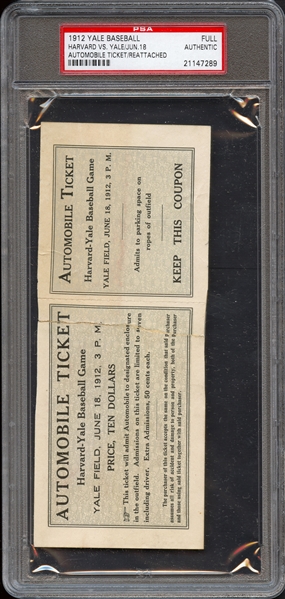 1912 Yale vs Harvard Auto Ticket/Reattached Full PSA Authentic