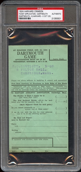 1924 Oct 25 Dartmouth vs Harvard Ticket Application PSA Authentic