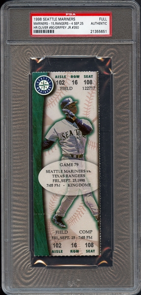 1998 Mariners - Griffey Jr #350 HR Ticket Full PSA Authentic