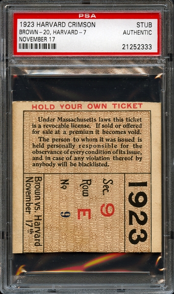 1923 Harvard vs Brown Football Stub Authentic PSA