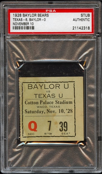 1928 Baylor vs Texas Football Stub Authentic PSA