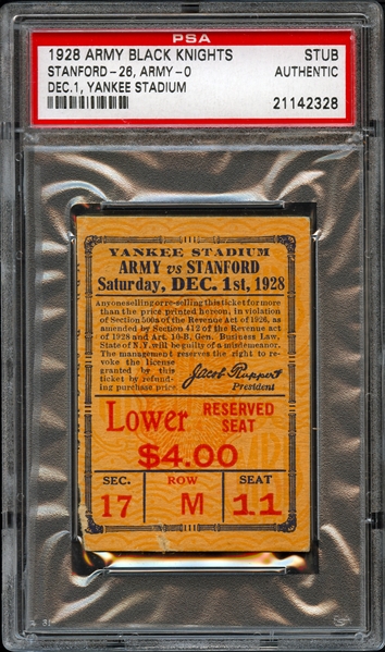 1928 Stanford vs Army Yankee Stadium Football Stub Authentic PSA