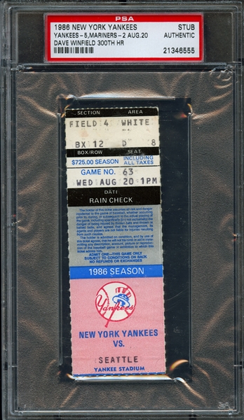 1986 Yankees vs Mariners - Dave Winfield 300th HR Stub PSA Authentic