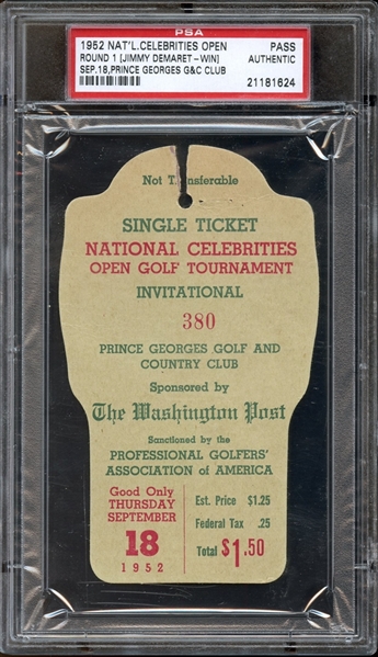 1952 Full Admission Pass PGA National Celebrities Open Jimmy Demaret Win PSA AUTHENTIC