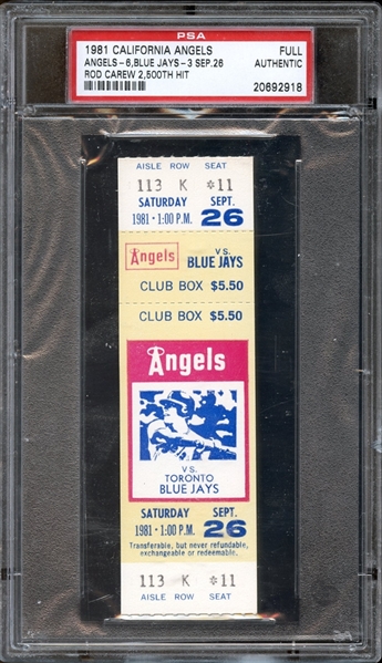 1981 California Angels Full Ticket Rod Carew 2500th Hit PSA AUTHENTIC 
