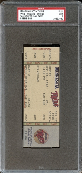 1998 Minnesota Twins Full Ticket Paul Molitor Final Game PSA 9 MINT