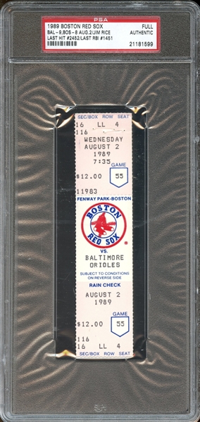 1989 Boston Red Sox Full Ticket Jim Rice Last Hit #2452 Last RBI #1451 PSA AUTHENTIC