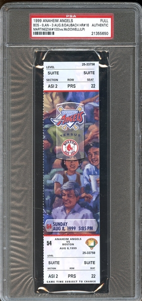 1999 Anaheim Angels Full Ticket Pedro Martinez Win #100 PSA AUTHENTIC