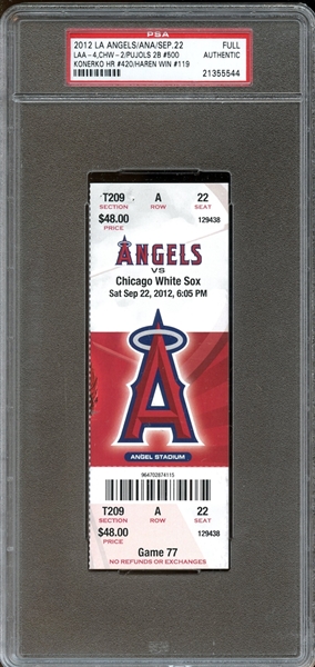 2012 Anaheim Angels Full Ticket Albert Pujols 500th Double PSA AUTHENTIC 