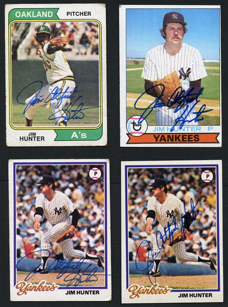 1974-79 Catfish Hunter Group of 4 Signed Topps Cards JSA Authentic