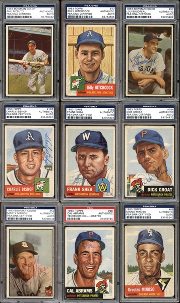 1953 Topps and Bowman Baseball Autographed Card Group of (62) All PSA/DNA Authenticated