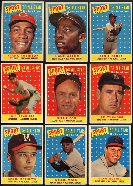 1958 Topps All-Star Group of (9) w/ Williams, Mays & Aaron