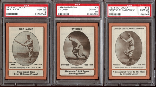 1976 Motorola Group of (3) All PSA 10 GEM MINT with Cobb, Lajoie and Alexander
