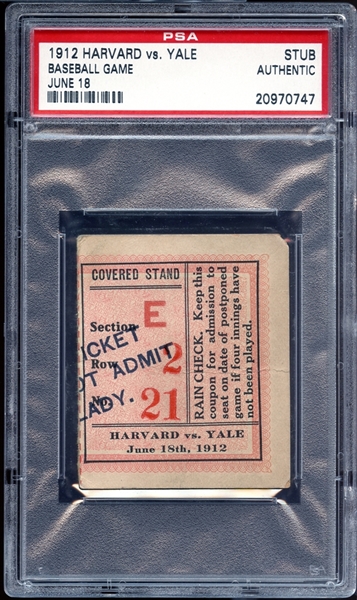 1912 Harvard vs. Yale Baseball Ticket Stub PSA AUTHENTIC
