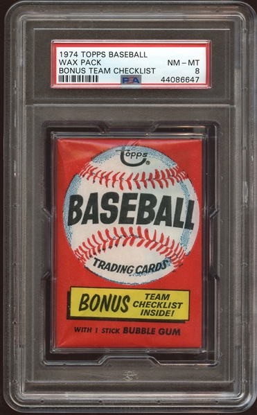1974 Topps Baseball Unopened Wax Pack with Bonus Team Checklist PSA 8 NM/MT