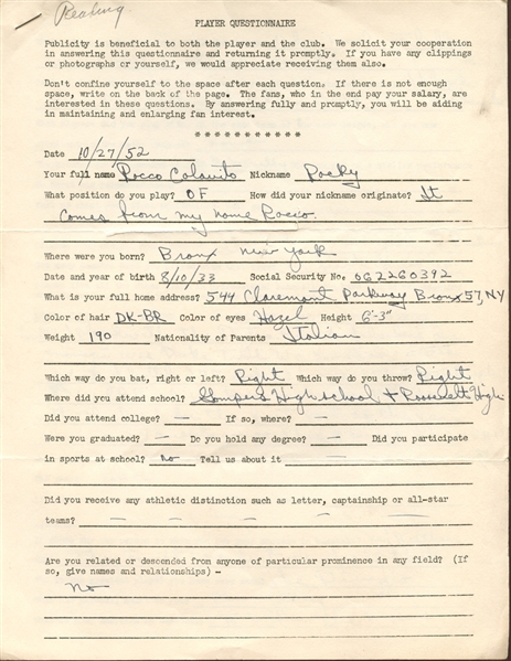 1952 Rocco Colavito Hand-Written Reading Indians Player Questionnaire 