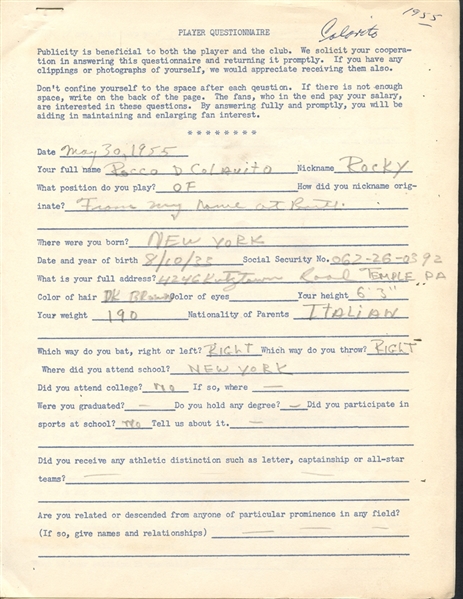 1955 Rocco Colavito Hand-Written Indianapolis Indians Player Questionnaire 