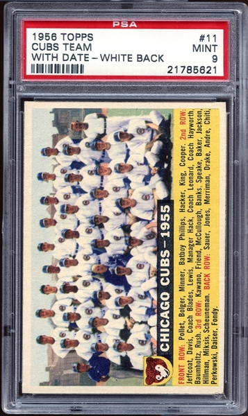 1956 Topps #11 Cubs Team With Date White Back PSA 9 MINT