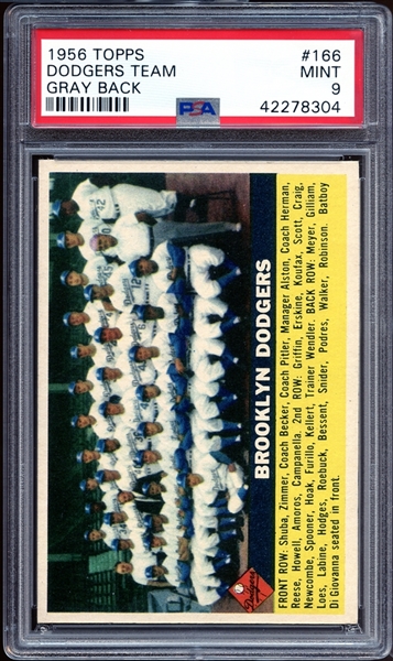 1956 Topps #166 Dodgers Team Gray Back PSA 9 MINT