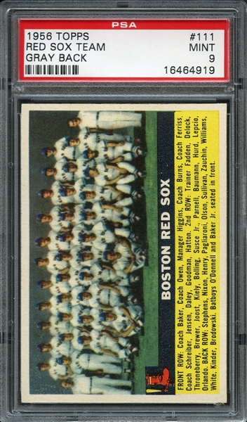 1956 Topps #111 Red Sox Team Gray Back PSA 9 MINT