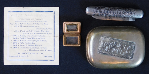 1887 N284 Buchner Gold Coin Tobacco Redemption Coupon and Prize Collection of (3) with Pocketknife, Locket and Snuff Box