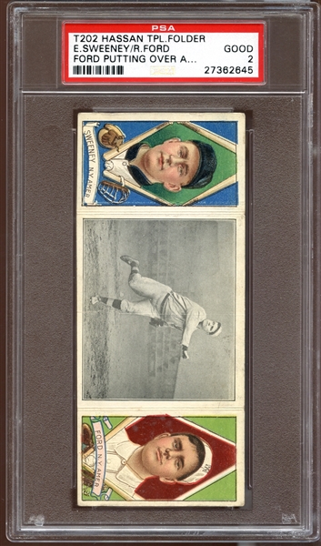 1912 T202 Hassan Triple Folder #67 Ford Putting Over a Splitter Sweeney/Ford PSA 2 GOOD