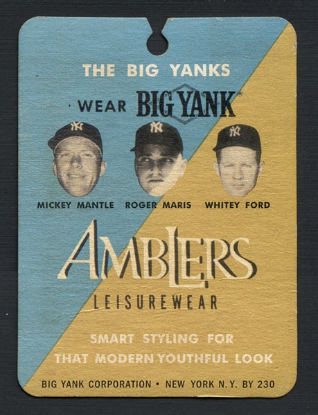 1962 Amblers "Big Yank" Clothing Tag Featuring Mantle, Maris and Ford