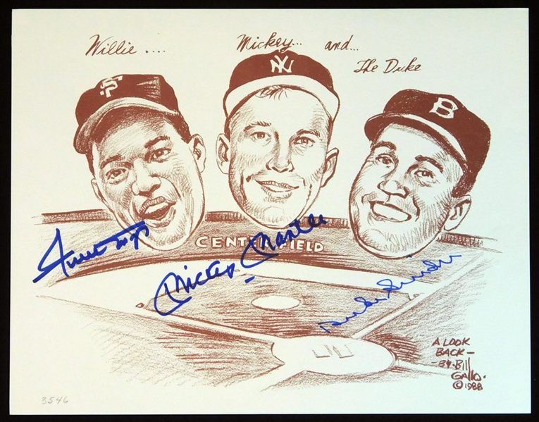 Willie Mays, Mickey Mantle and Duke Snider Signed Bill Gallo Sketch PSA/DNA