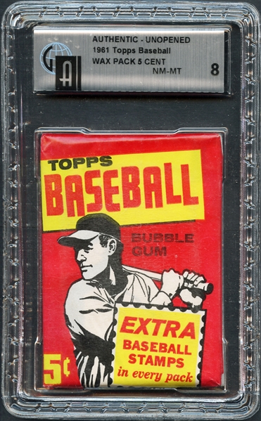 1961 Topps Baseball Unopened Wax Pack 5 Cent GAI 8 NM-MT