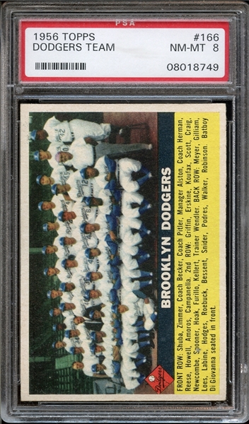 1956 Topps #166 Dodgers Team Gray Back PSA 8 NM/MT