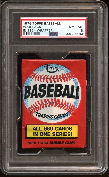 1976 Topps Baseball Unopened Wax Pack in a 1974 Wrapper PSA 8 NM/MT