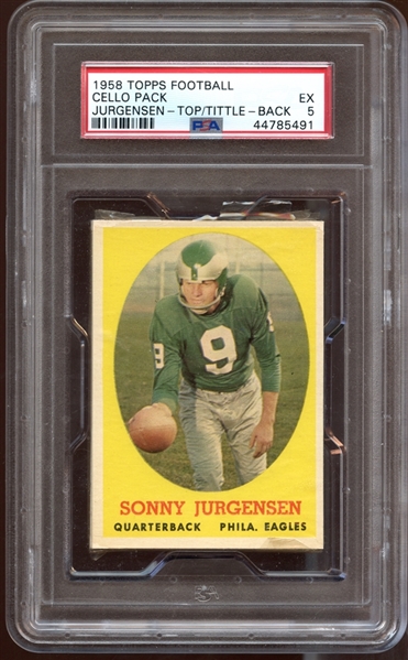 1958 Topps Football Unopened Cello Pack with Jurgenson on Top and Tittle on Back PSA 5 EX