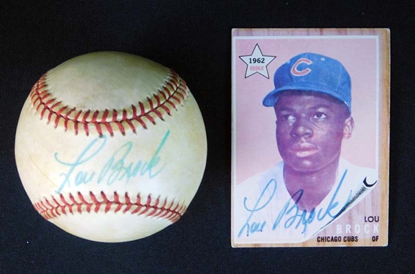 Lou Brock Signed ONL (Feeney) Ball and 1962 Topps Rookie Card 