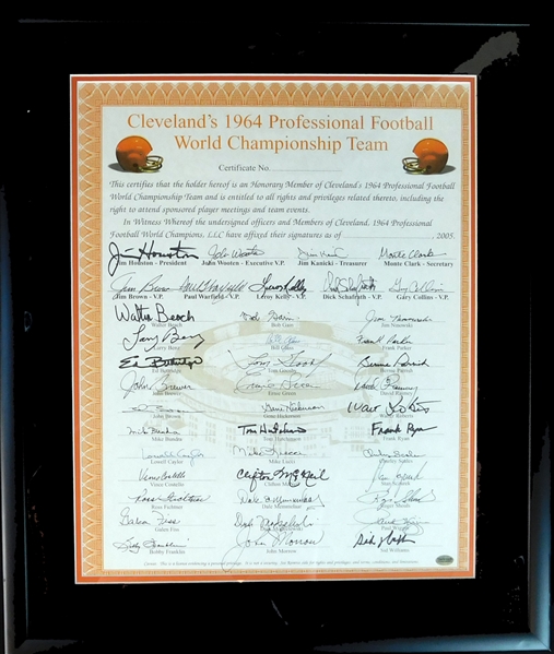 1964 Cleveland Browns World Champions Honorary Member Certificate with (42) Signatures Featuring Jim Brown
