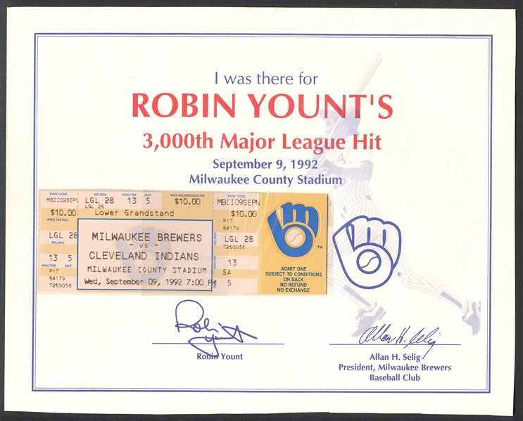 Robin Yount 3000th Hit Game Full Ticket with Signed Certificate