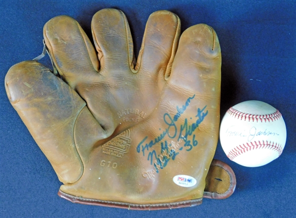 Travis Jackson Signed Vintage Baseball Glove and ONL (Feeney) Ball PSA/DNA/BAS