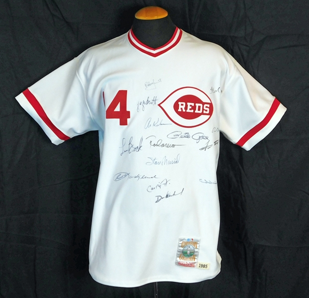 Outstanding Pete Rose Mitchell and Ness Jersey Signed by (14) Members of the 3000 Hit Club Featuring Brett, Musial, Ripken, Mays, Aaron, Etc. JSA