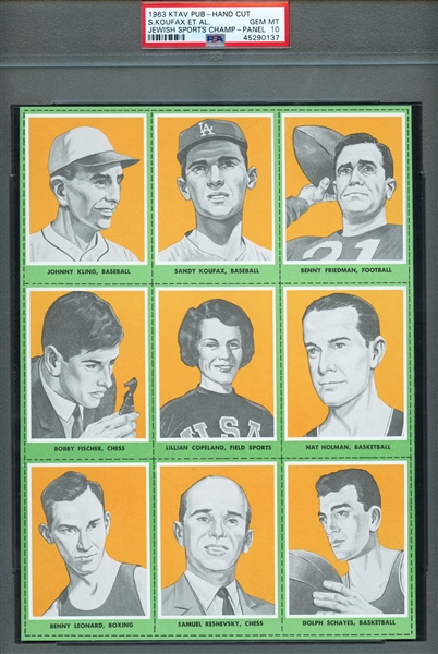 1963 KTAV Publications Jewish Sports Champions 9-card panel with Koufax PSA 10 GEM MINT