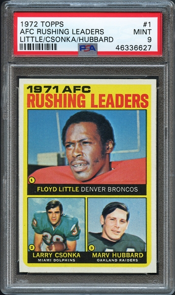 1972 Topps #1 AFC Rushing Leaders Little/Csonka/Hubbard PSA 9 MINT