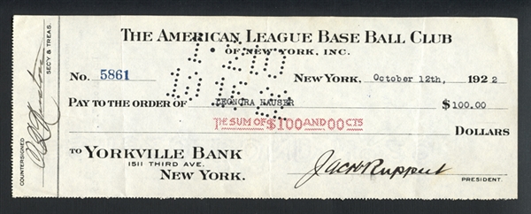 1922 Tillinghast Huston and Jacob Ruppert Signed and Cancelled Bank Check