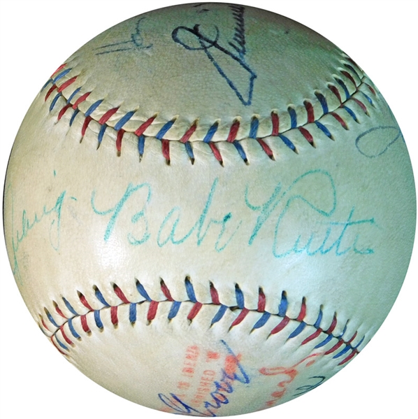 Exceptional Multi-Signed Hall of Fame OAL (Barnard) Ball Featuring Babe Ruth and Lou Gehrig As Well As Foxx, Mack, Grove And Cronin PSA/DNA